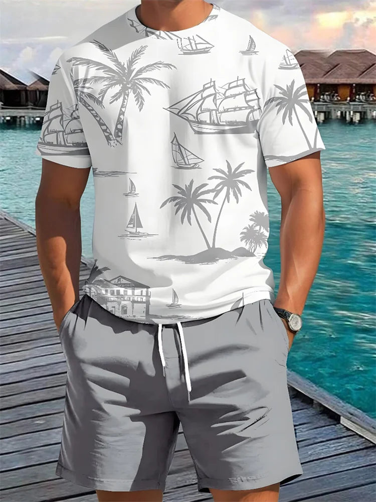Summer Two Piece Casual Daily Men's Short sleeved Shorts Set Hawaii Printed Men's T-shirt Outdoor Sports Men's