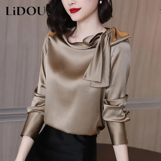 Summer Autumn Office  Satin Solid  Bow Shirt Long Sleeve
