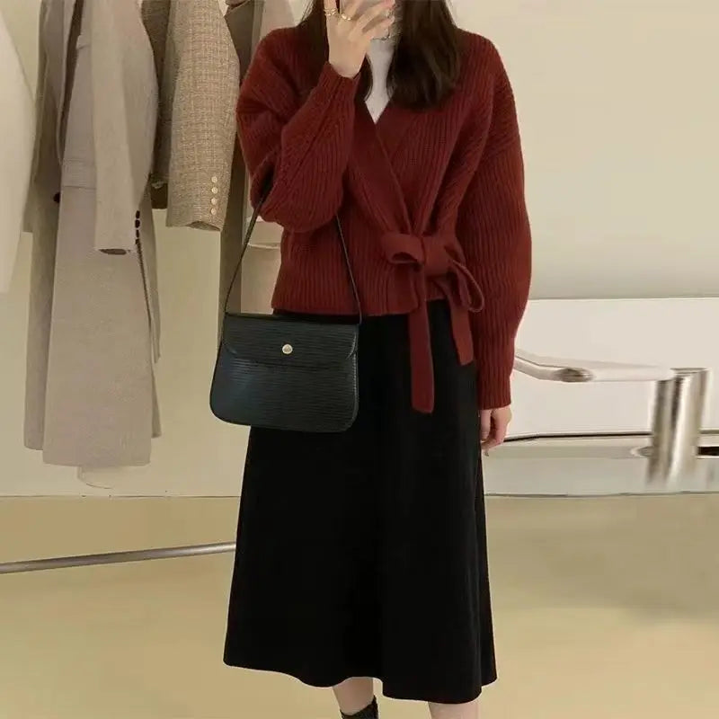Bow Tie V-Neck Knit Women's Short High Waist Cardigan Sweater Coat Overlay Design Sense Top