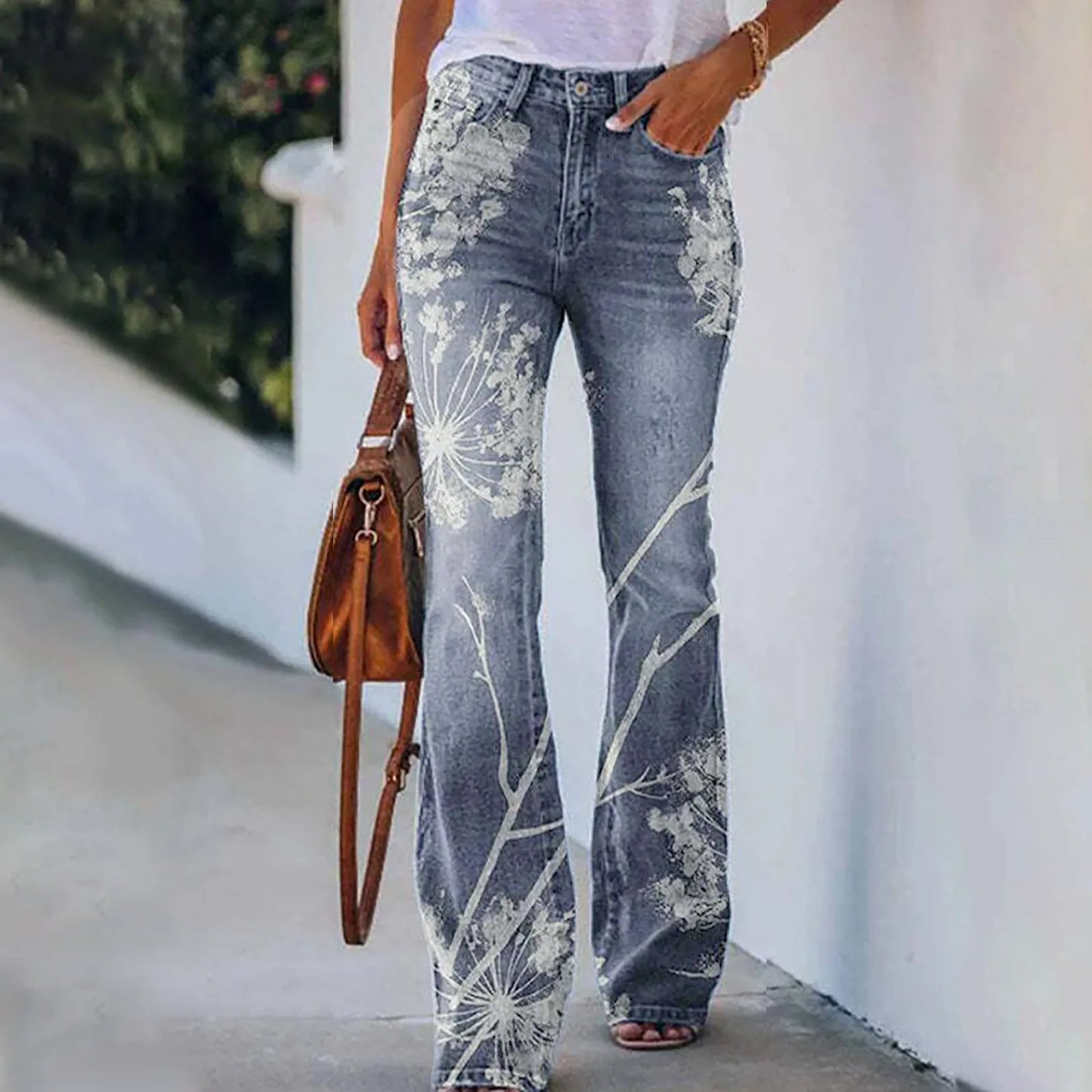 Elegant Women Floral Printed Jeans Plus Size S-5XL Female Straight High Waist Flared Leg Pants