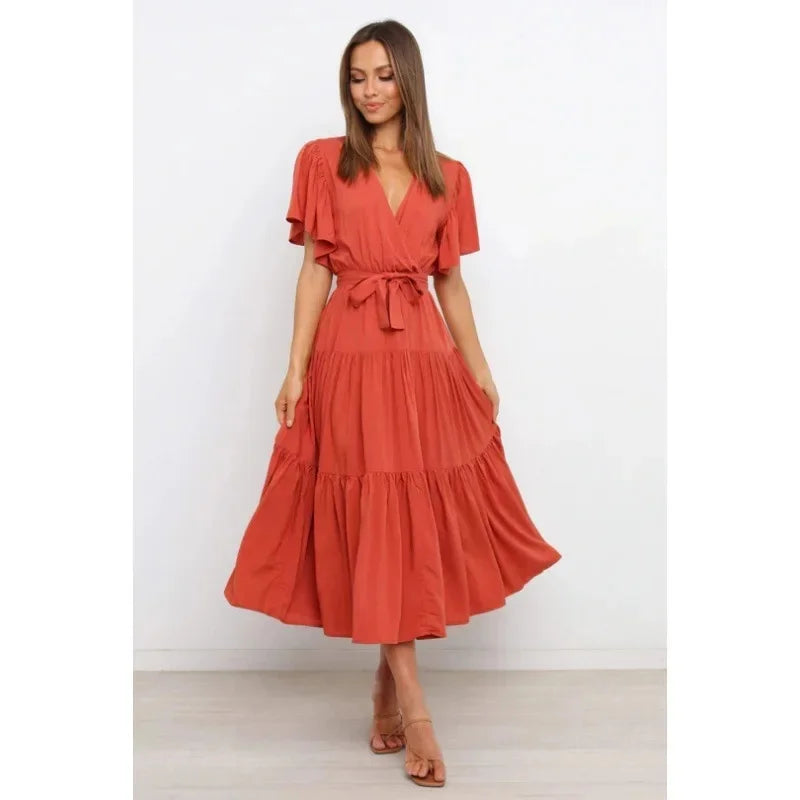 Bohemian V-Neck Short Sleeve Waist-Cinched Dress Skirt Dress