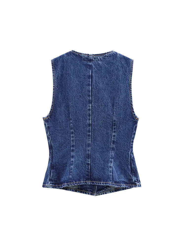 Casual All-match Round Neck Sleeveless Blue Slim Waist Denim Vest
