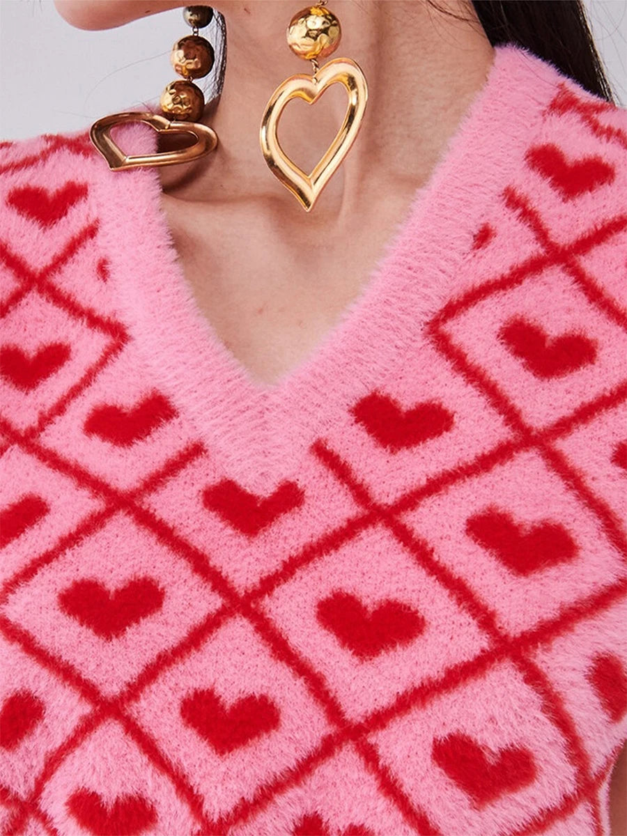 Women s Cozy Sleeveless Sweater Vest with Deep V Neckline and Heart Print Detail