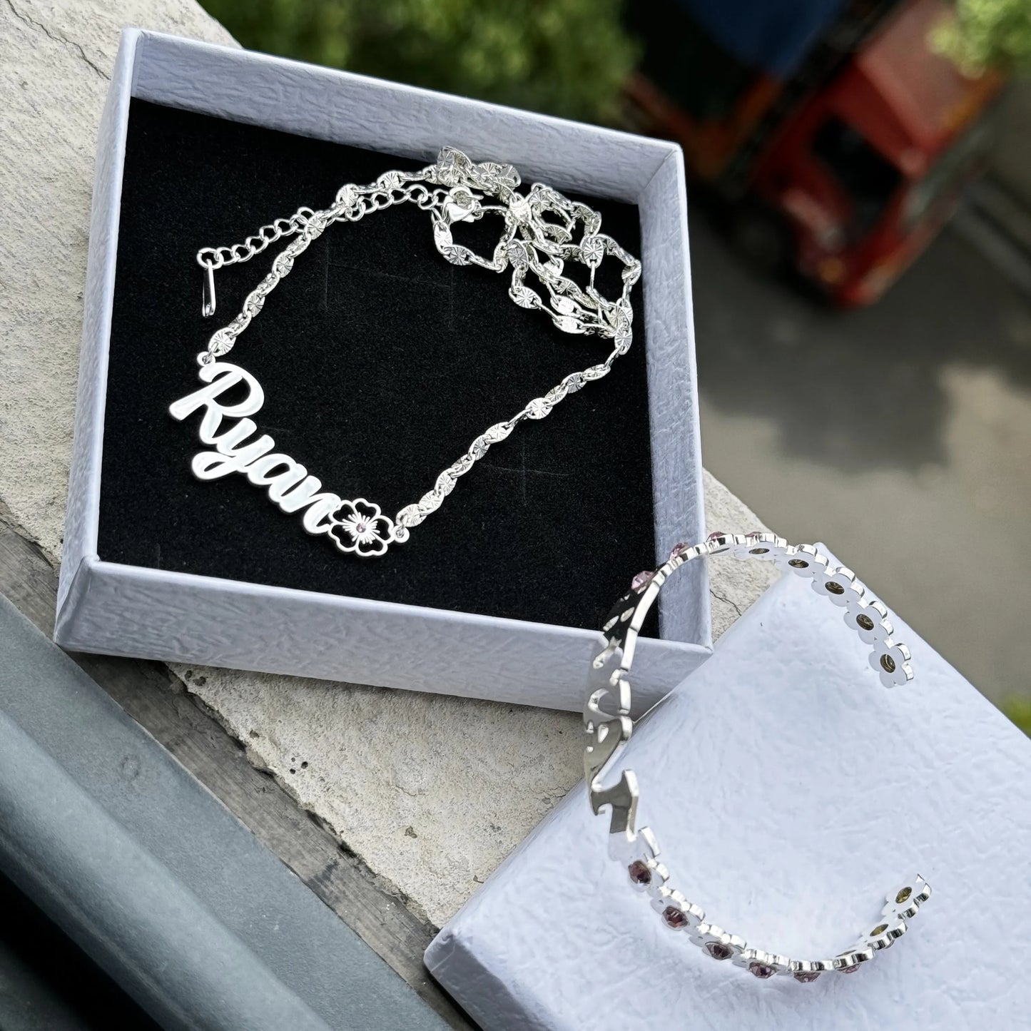 Custom Name Floral Set Birthstone Nameplate Necklace Zircon Bangles Flower Customized Letter Hoop Earrings