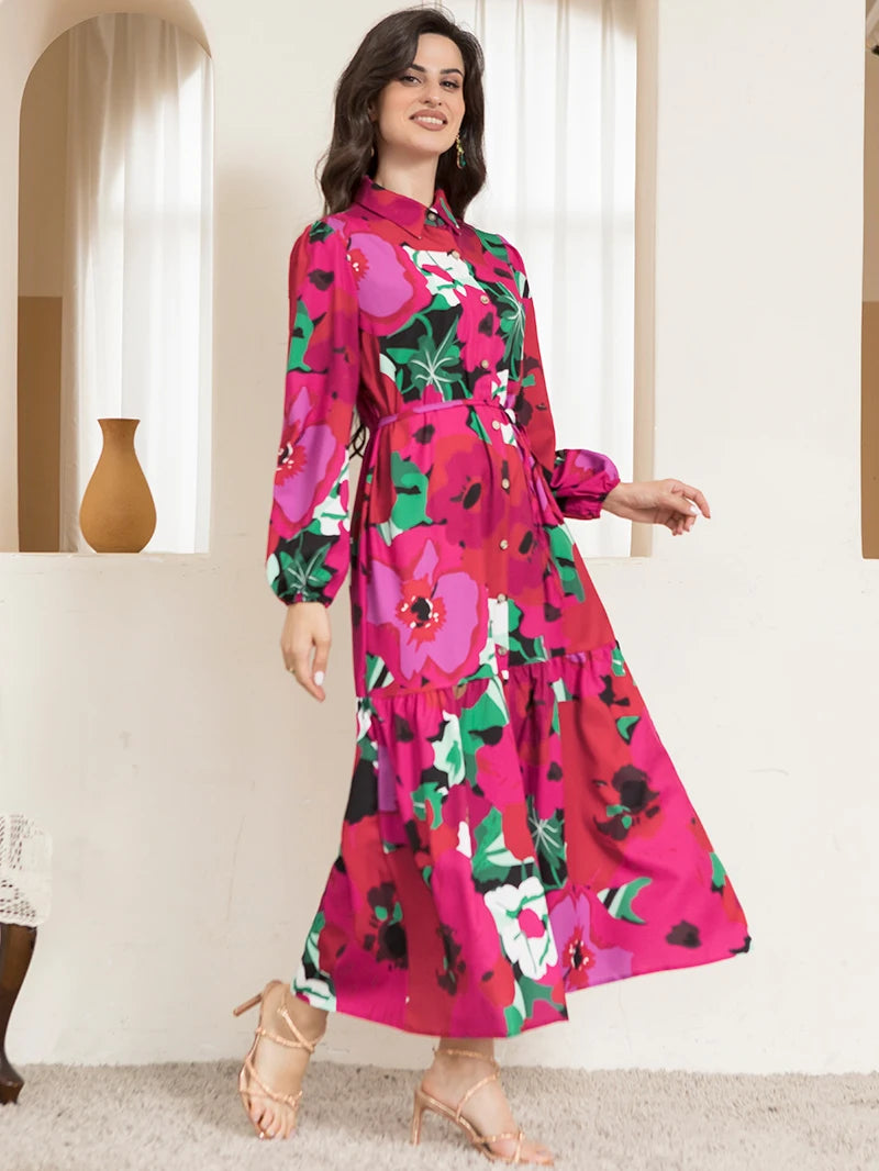 Pointed Collar Long Sleeve Button Belted Floral Print Maxi Dress in Rose Pink