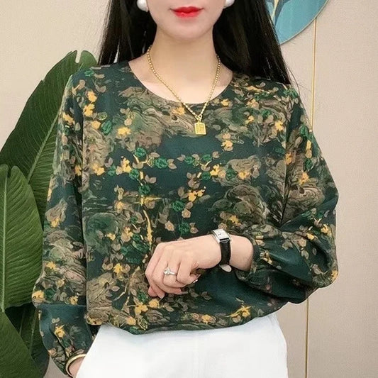 Vintage Print Round Collar Long Sleeve Loose Casual Chiffon Top