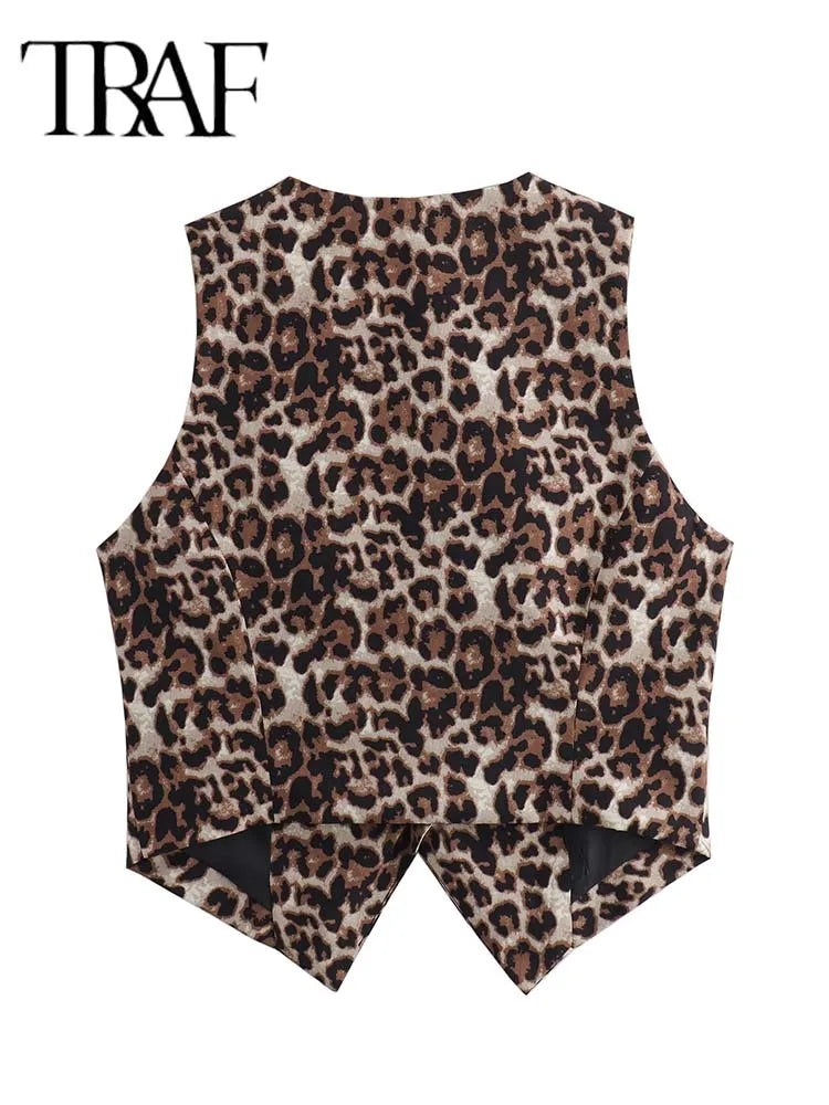 Women's Vest  Leopard Summer V-Neck Single-breasted Vest Top Ladies Casual Cropped Sleeveless