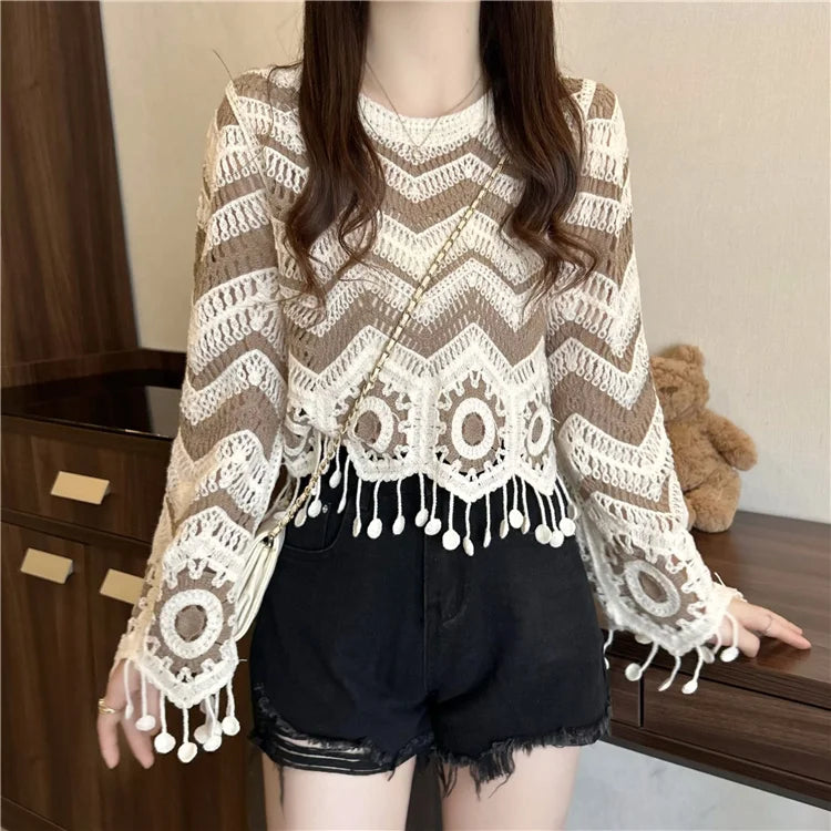 Crochet Top Long Sleeve O-Neck Wavy Striped Open-knit Pullover Sweater for Women Boho Vacation Outfit