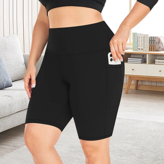 Plus-size 3 Pack High Waisted Workout Shorts  Yoga Biker Shorts Two Side Pockets