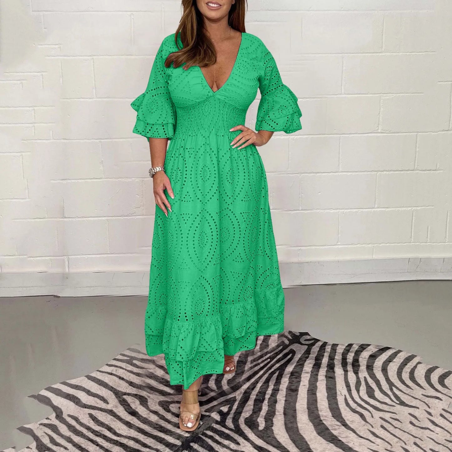 Women's Elegant V-neck  Hollow Out  Long Dress Summer  Casual Flare Sleeve  Dress