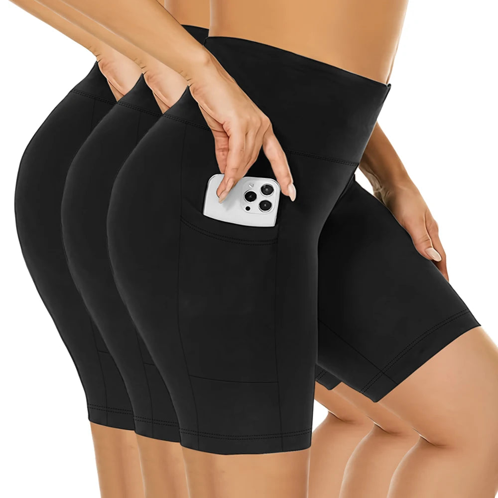 Plus-size 3 Pack High Waisted Workout Shorts  Yoga Biker Shorts Two Side Pockets