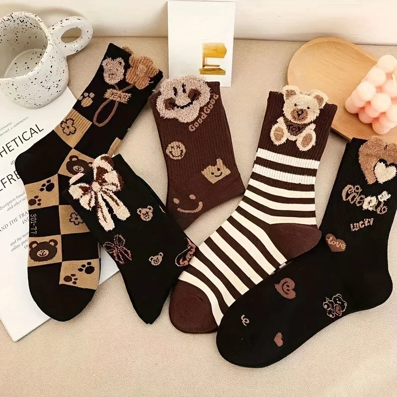 5 Pairs Of Latte Color Pattern Women's Socks, Comfortable And Versatile Mid-calf Socks