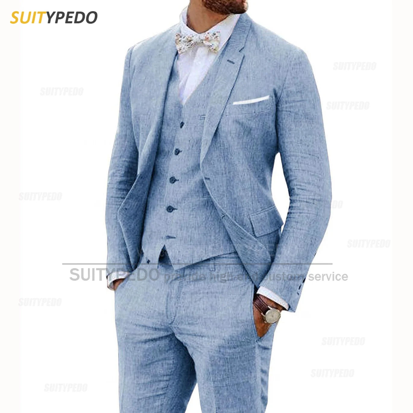 Linen Suits for Men 3 Pieces Casual Slim Fit Suit Blazer Vest Pants Set Formal Prom Wedding Tuxedos for Groomsmen Best Man