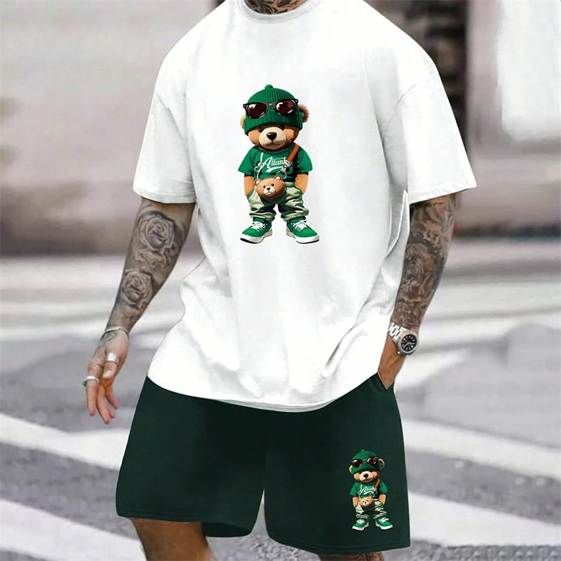 Fun Bear T-Shirt Men's Summer Loose Daily Couple Suit Outdoor Street Short Sleeve Shorts Two Piece Men Summer Suit