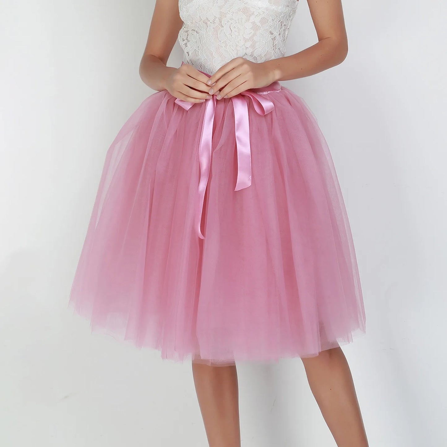 Knee Length Women A-Line Tulle Skirts Lace Up Multi Layered Tulle Petticoat Midi Skirt