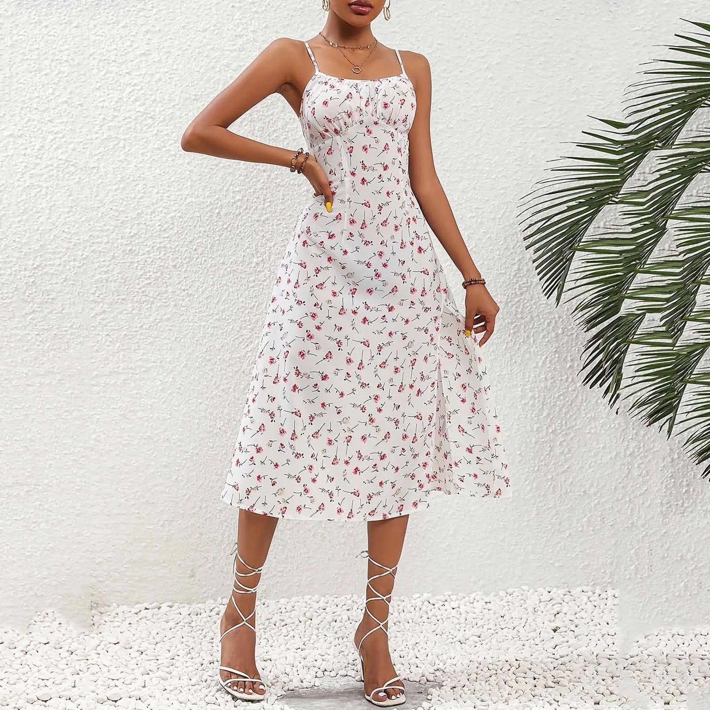 Ladies Sexy Polka Dot Split Floral Suspender Dress Summer Side Slits Slim Waist Party Dress