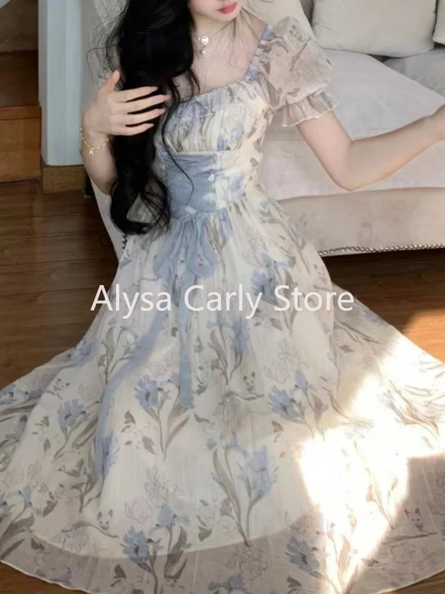Vintage Floral Midi Dress Ruffles Design Casual  Lace-up