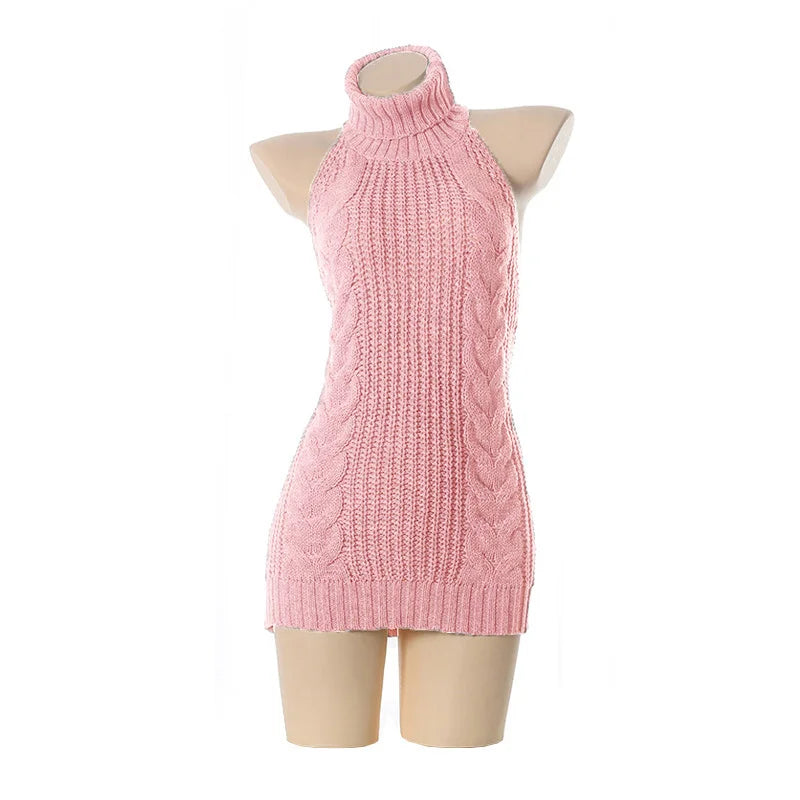 Fashion Backless Sleeveless Off Shoulder Knitted Pullover Sweaters  Turtleneck Jumper