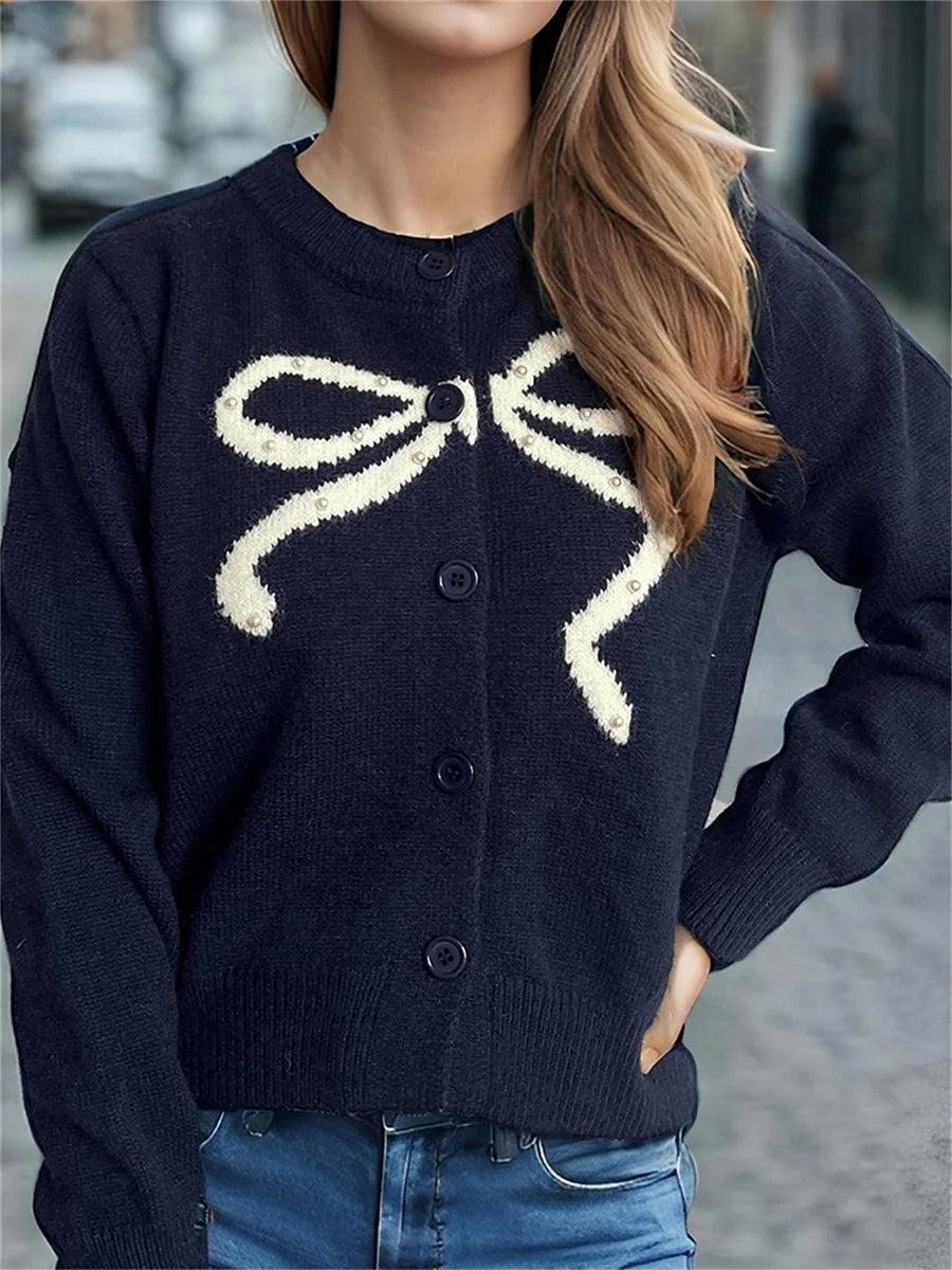 Elegant O-Neck Cardigans with Bow Embroidery and Puff Sleeves Stylish Lightweight Knitwear for Chic Street Style