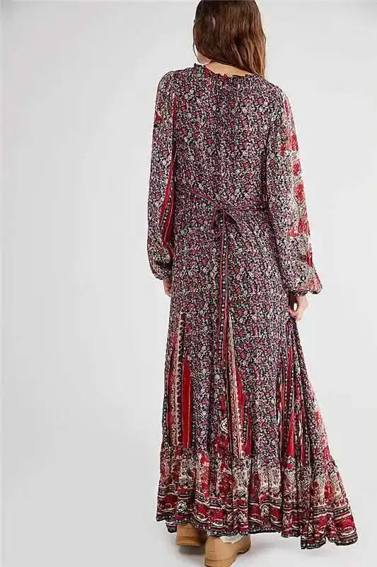 Chiffon Floral Printed Maxi Dresses For Women Robe Vintage Lantern Long Sleeve V Neck Tassel Loose Dress Boho Beach