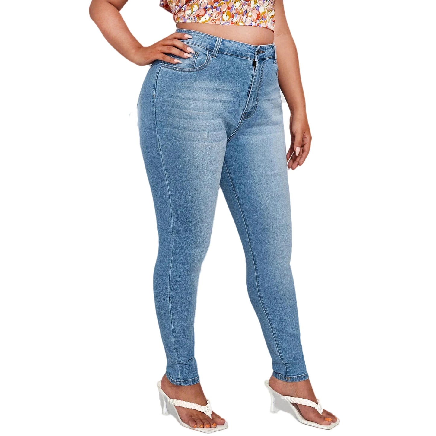 Plus Size Women Jeans  Full Length Denim Jeans High Waist High Stretchy  Denim Jeans
