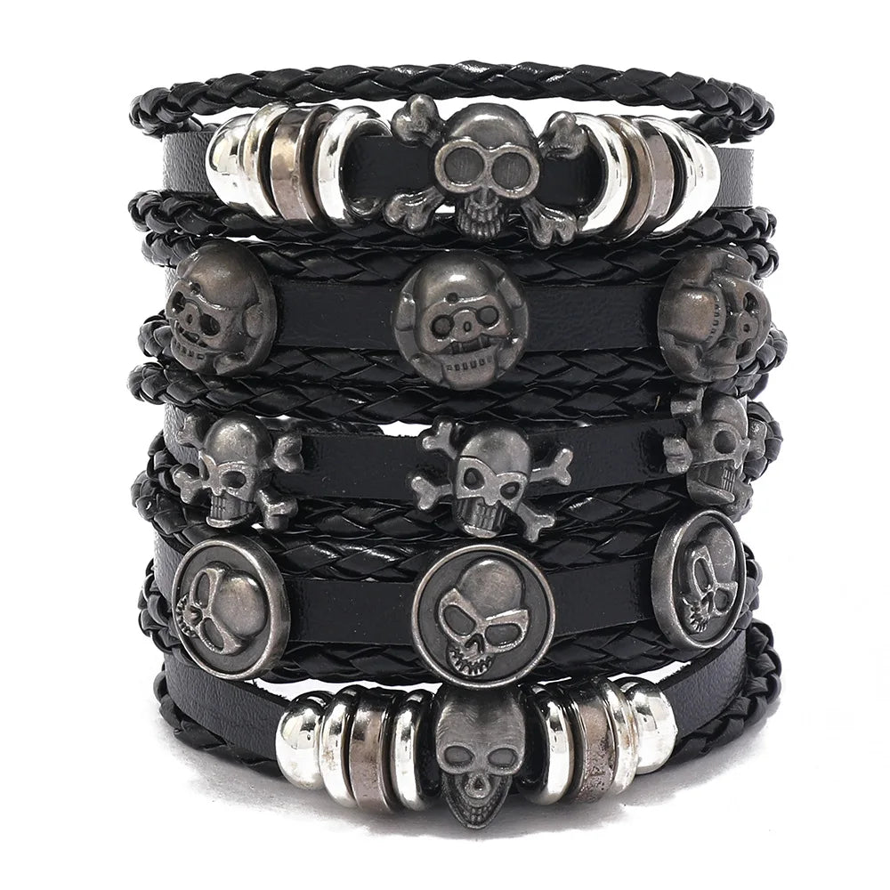1 Fashion Bracelet Viking  Bracelet For Men Hand Bracelets Woven Skull Hand Jewelry Adjustable Leather Set Bracelet