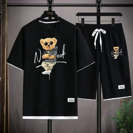 Fashionable Men's Sports Suit Summer Casual Short Sleeve O Neck T-shirt And Sports Shorts 3D Bear Printing 2-Piece Set