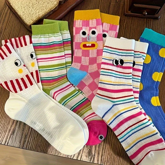 5 Pairs Of Colorful Cartoon Socks Quirky And Cute Mid-calf Socks, Comfortable And Breathable For Daily Work