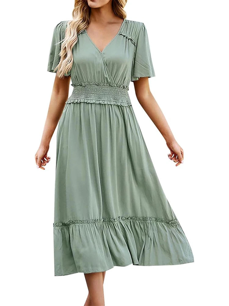 Women's V Neck Formal  V Neck Maxi Dress Ruffle Fringe Short Sleeve Boho  Long Dresses