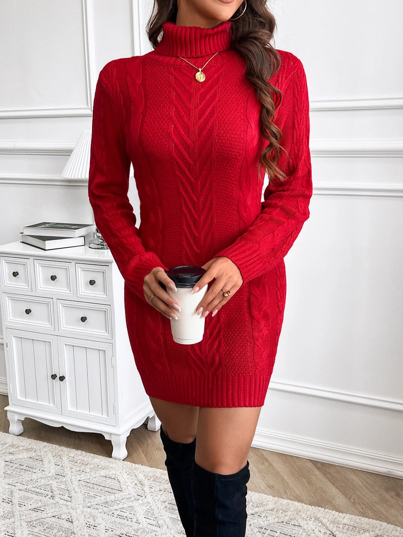 Soft Cable Knit Turtle Neck Sweater Dress - Cozy Long Sleeve Solid Color
