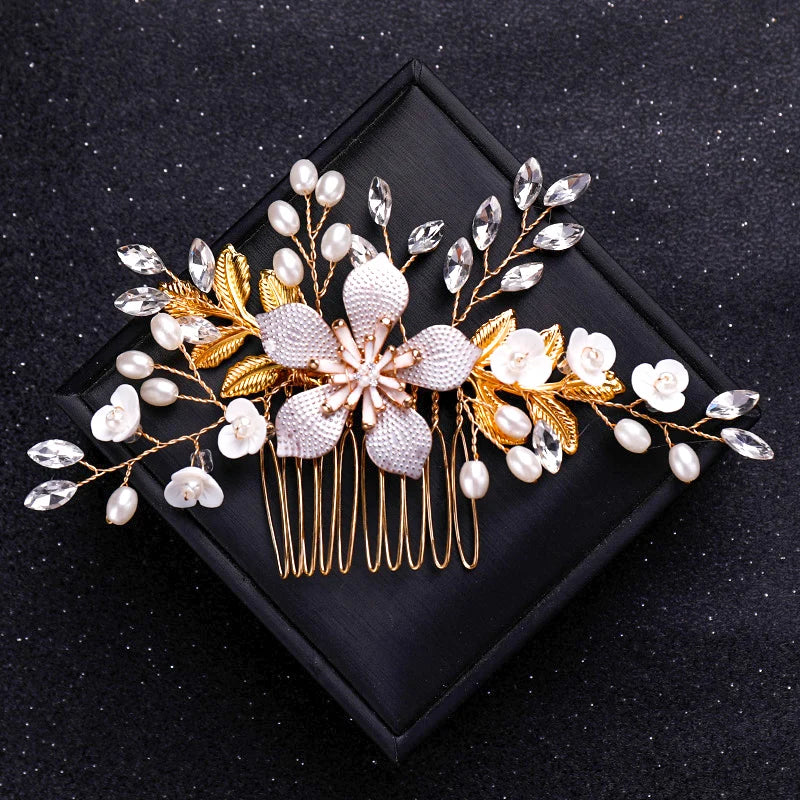 Gold Color Crystal Pearl Hair Comb Headband For Women Bride Party Bridal Wedding Hair Accessories Jewelry Comb Headband