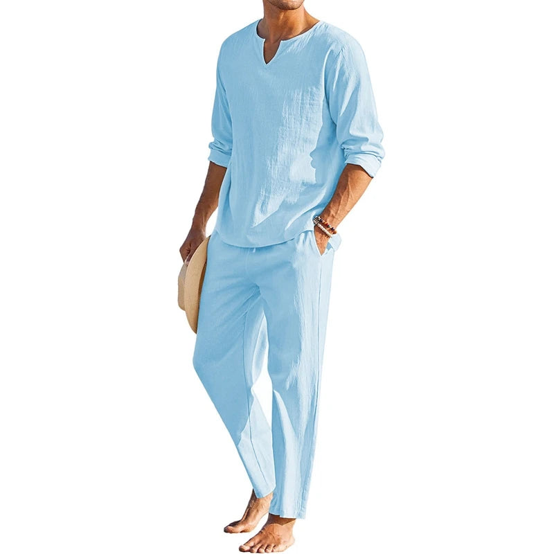 Men's Summer Cotton Linen Clothes Solid Color Long Sleeve Henley Shirt Elastic Waist Drawstring Pants 2 Pieces Loungewear Set