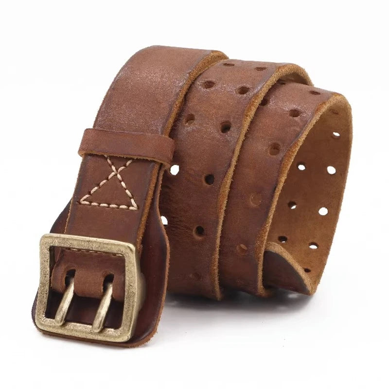 Original Handmade Double-needle Buckle Belt Washed  Genuine Leather