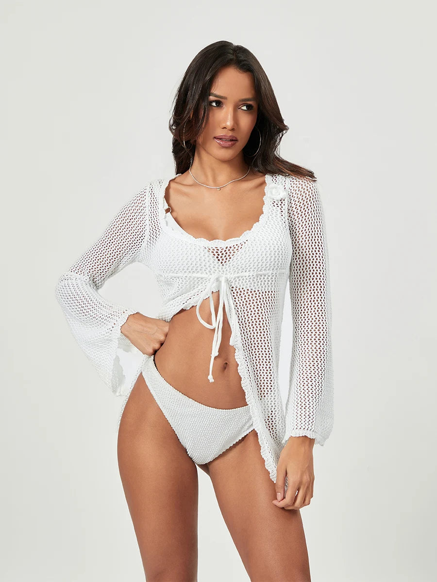 Women s Beachwear Cover Up Hollow Out Crochet Long Sleeve Tie-Up Swimsuit Coverup Solid Color Bathing Suit Cover Ups Summer