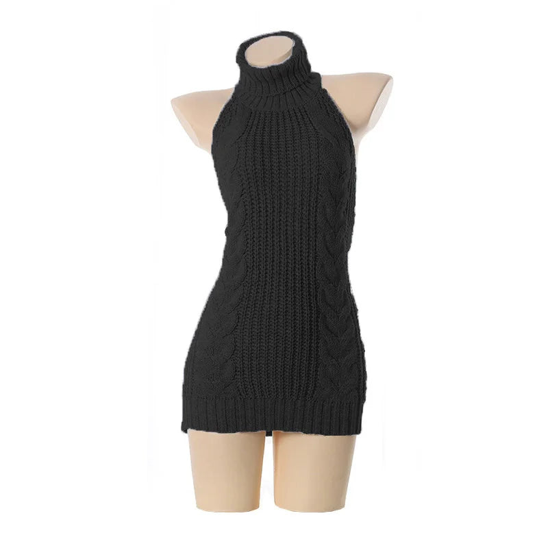 Fashion Backless Sleeveless Off Shoulder Knitted Pullover Sweaters  Turtleneck Jumper