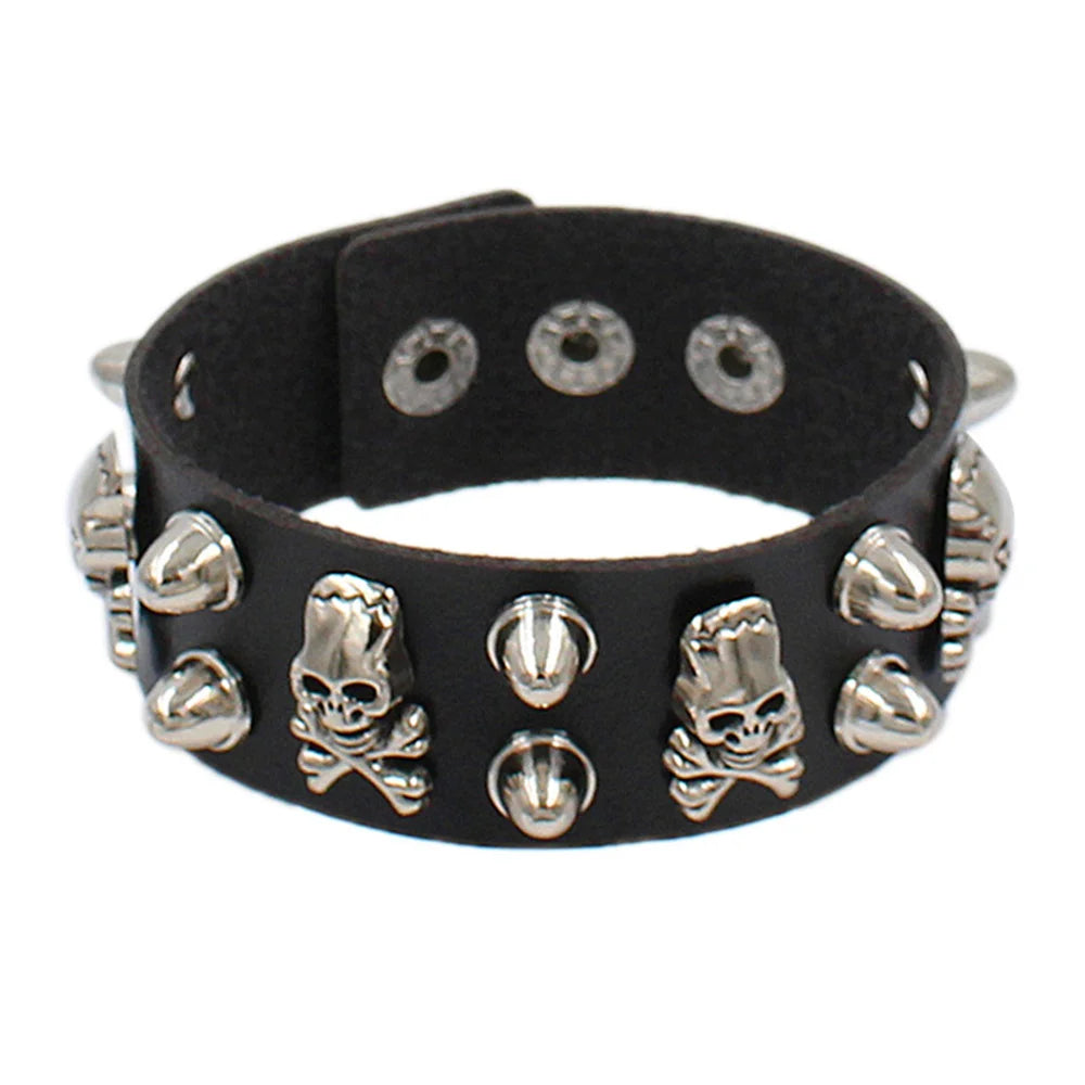 Punk Hip Hop Rock PU Leather Bracelet Unisex Trendy Chain Skull Pentagram Rivet Bracelet