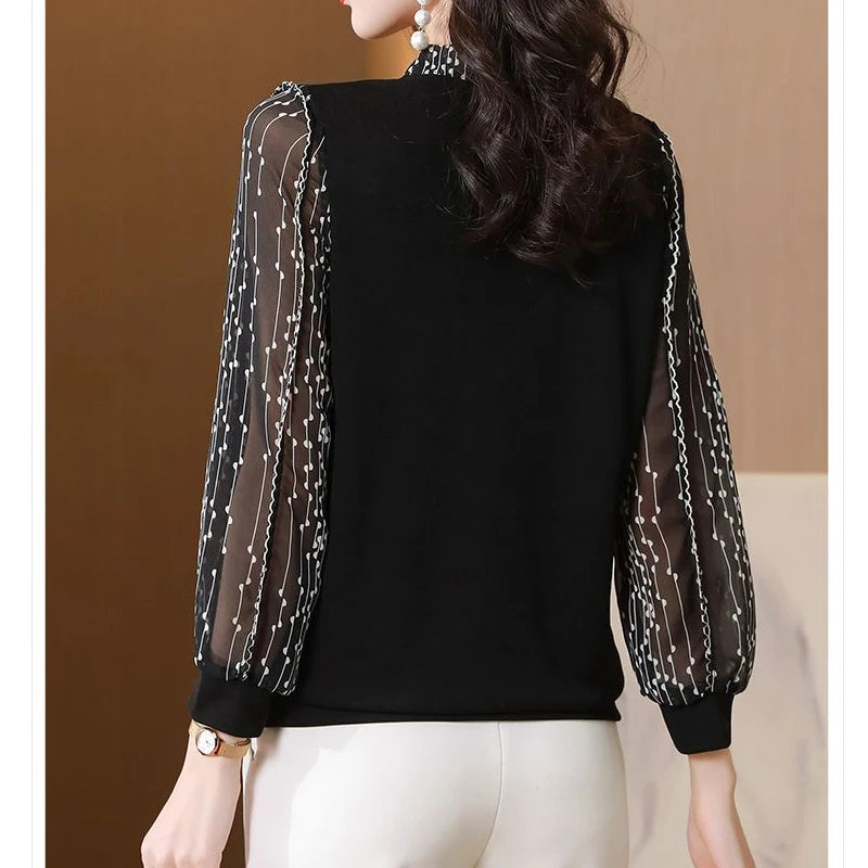 Bow Print Knitted Patchwork  Office  Chic Shirt V Neck Long Sleeve