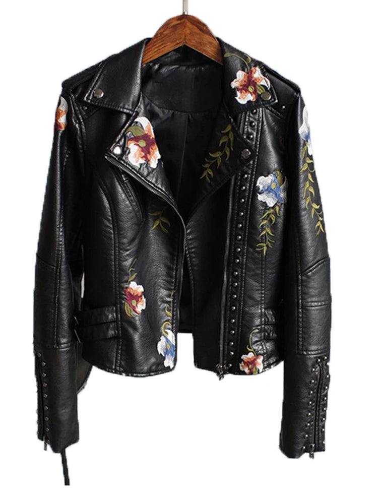 Floral Print Embroidery Faux Soft Leather Jacket Turn-down Collar Casual Pu