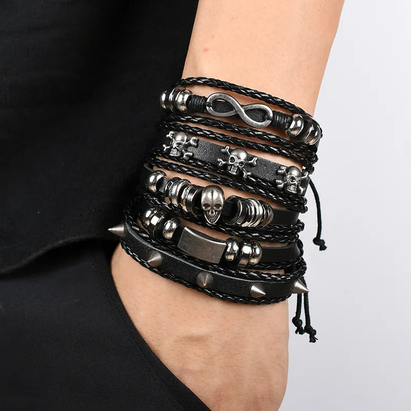 1 Fashion Bracelet Viking  Bracelet For Men Hand Bracelets Woven Skull Hand Jewelry Adjustable Leather Set Bracelet