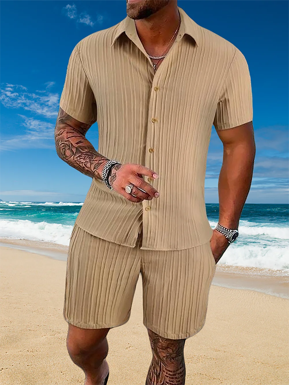 Ice Silk Cool Summer Men's Solid Color Polo Casual Loose Short Sleeve Shorts Sport Set Beach Surfing Ultra-thin Ultra Light