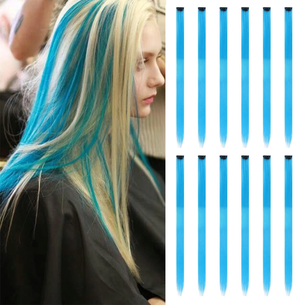 22 inches12pcs/pack Colored Party Synthetic Clip in Hair Extensions  Multi-colors Straight Hair Synthetic Hairpieces