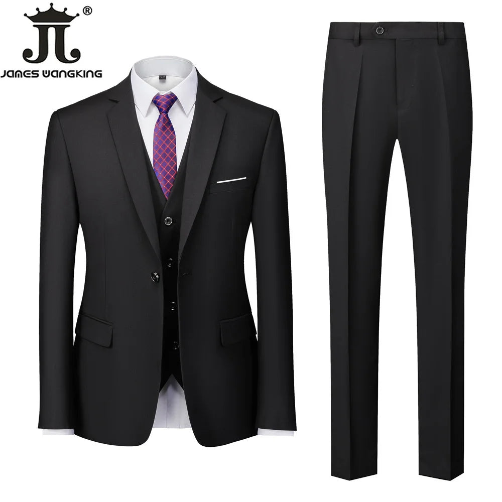 Jacket + Vest + Pants  Boutique Solid Color Men's Official Business Suit Bride's Wedding Dress Party Male Suit