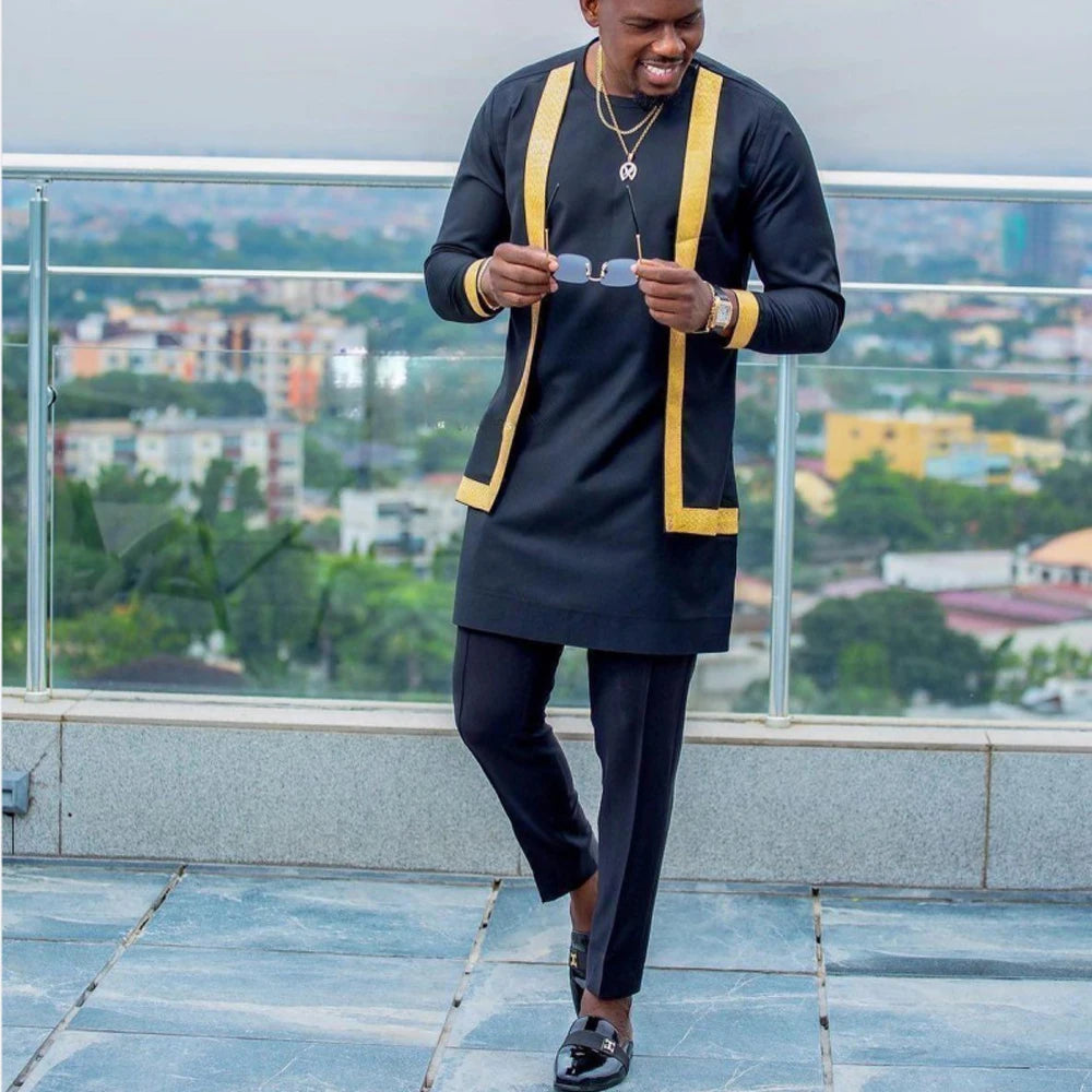 Men's  Wedding 2-Piece Suit Waist Pants Shirt Solid Color Panel Long Sleeve Party African Ethnic Style Clothing