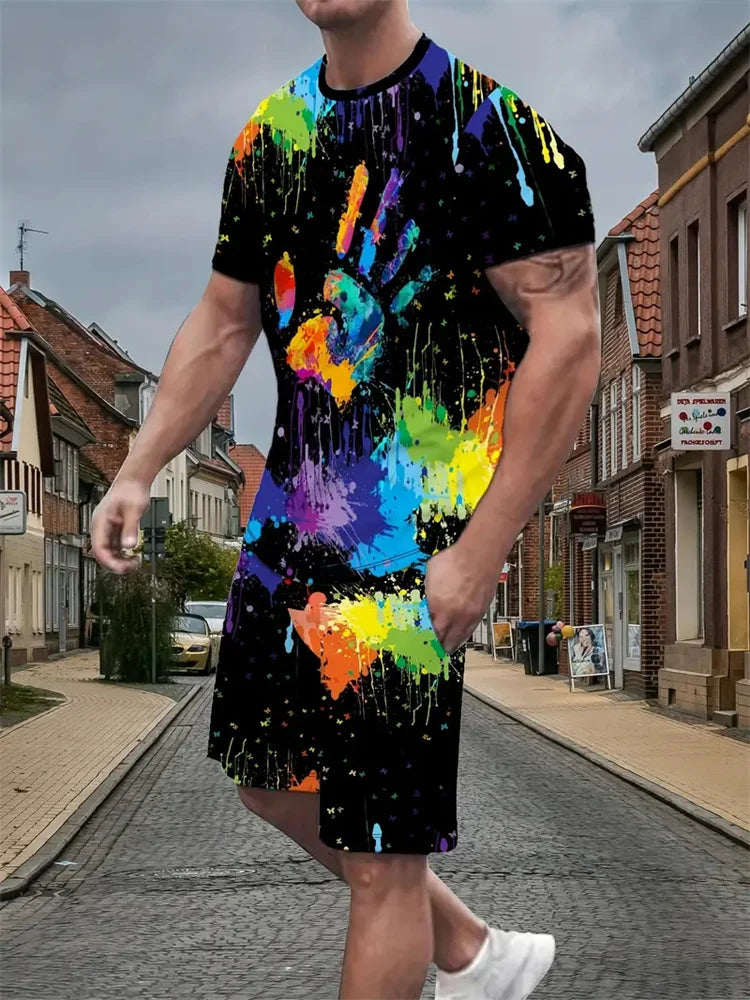 Men's Short-sleeved Shorts Suit Summer Fashion Round Neck T-shirt, Shorts Two-piece Street Shooting Casual Clothing