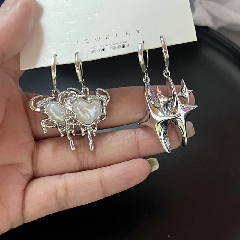 Simple Silver Color Star Earrings for Women Opal Stone Heart Hoop Earrings  Daily Wear Jewelry
