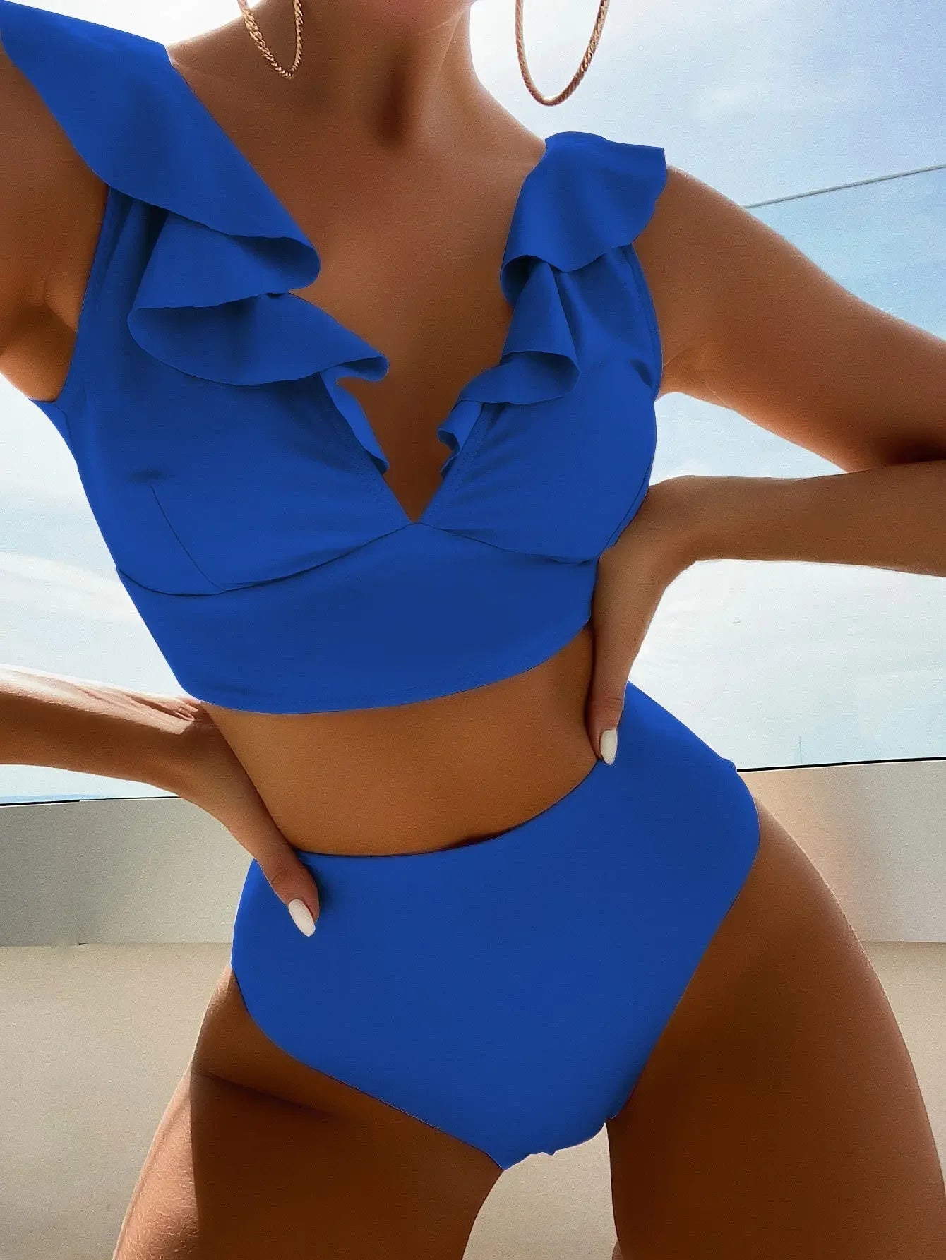 Solid Color  V-neck Ruffle Bikini  Women 2 Piece Swimwear Push Up Padded High Waist Swimsuit