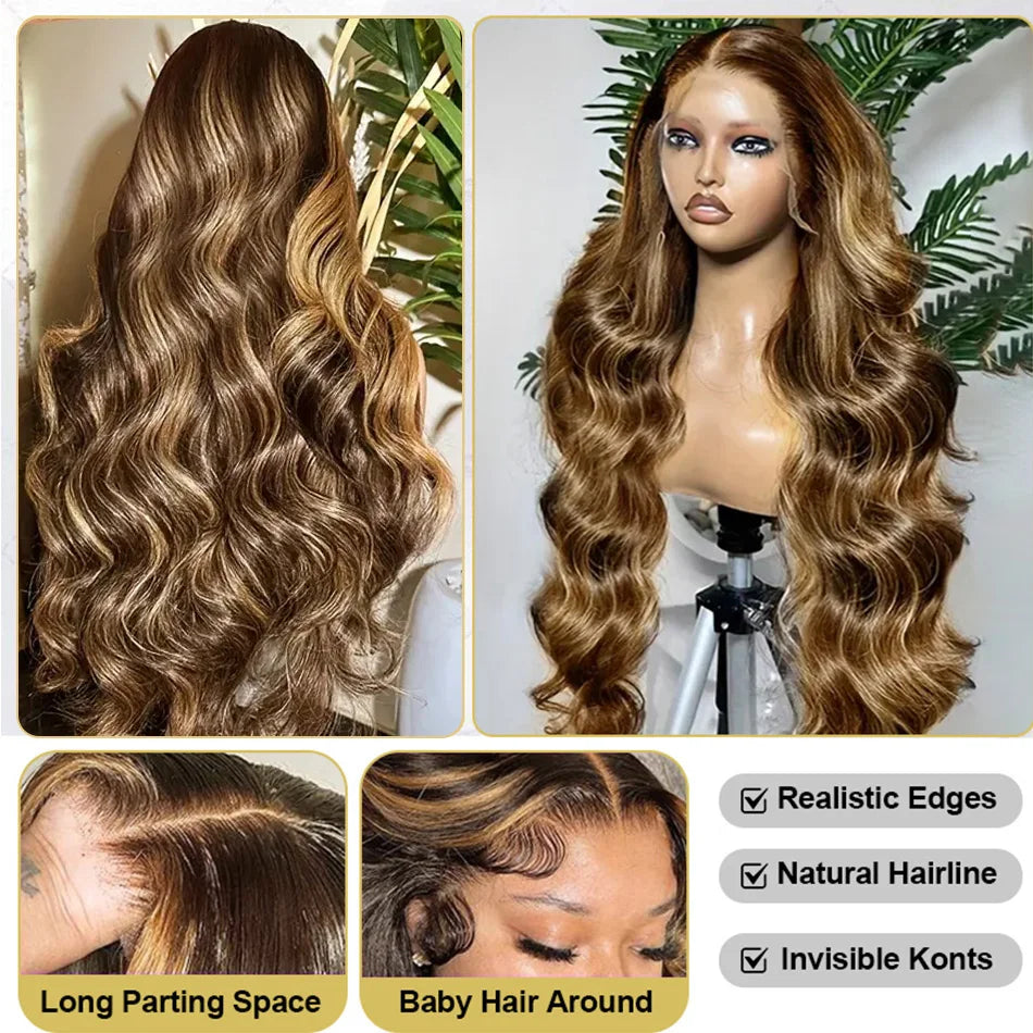 30 40 Inch 4/27 Highlight Ombre Blonde Body Wave 13x4 Lace Front Wig 13x6 HD Transparent Lace Frontal Human Hair Wig