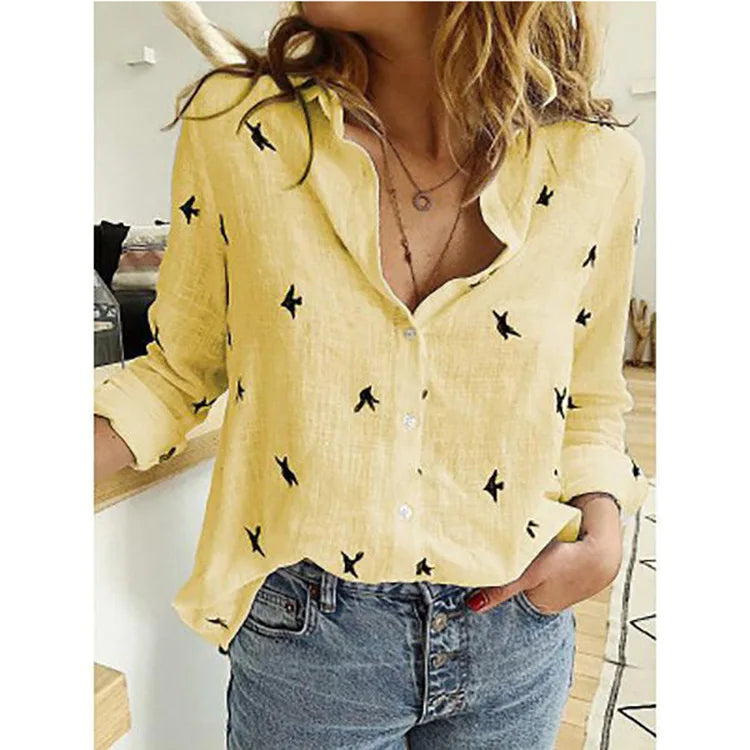 Elegant Cotton Linen Shirts Women Casual Solid Button Lapel Blouses Shirts  Long Sleeve Loose Tops