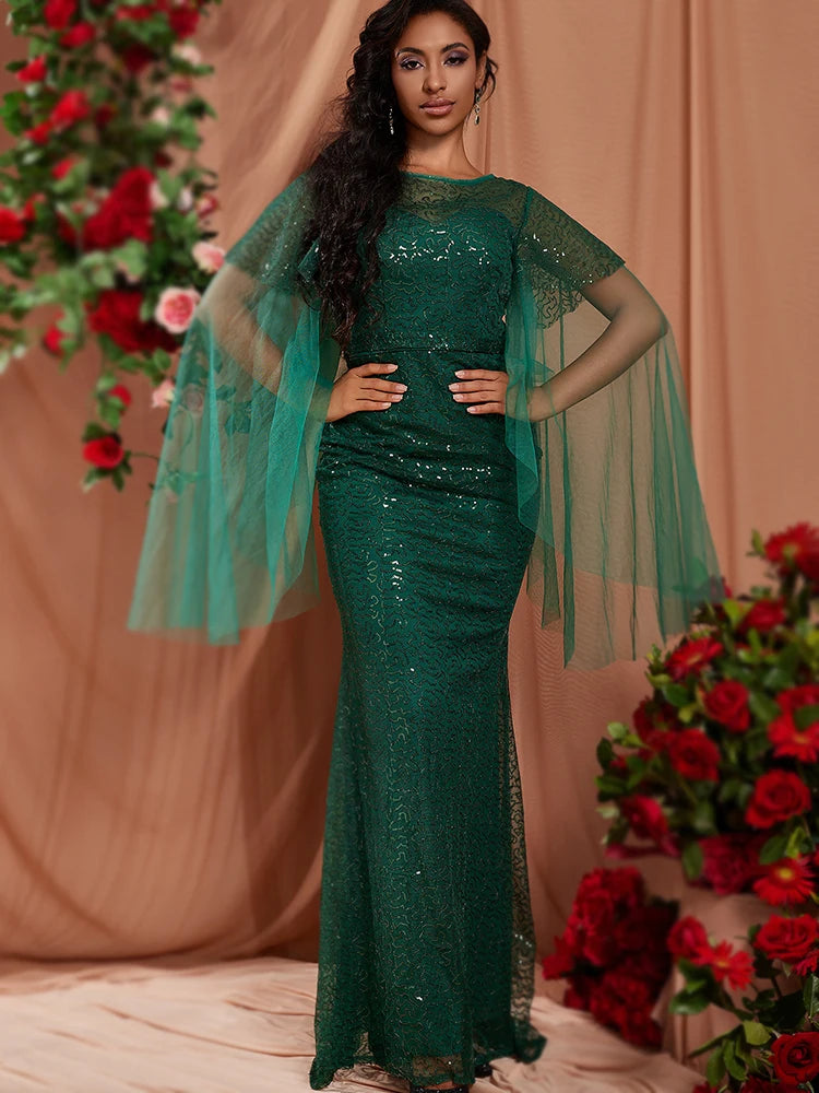 Long Green O Neck Dress Vintage