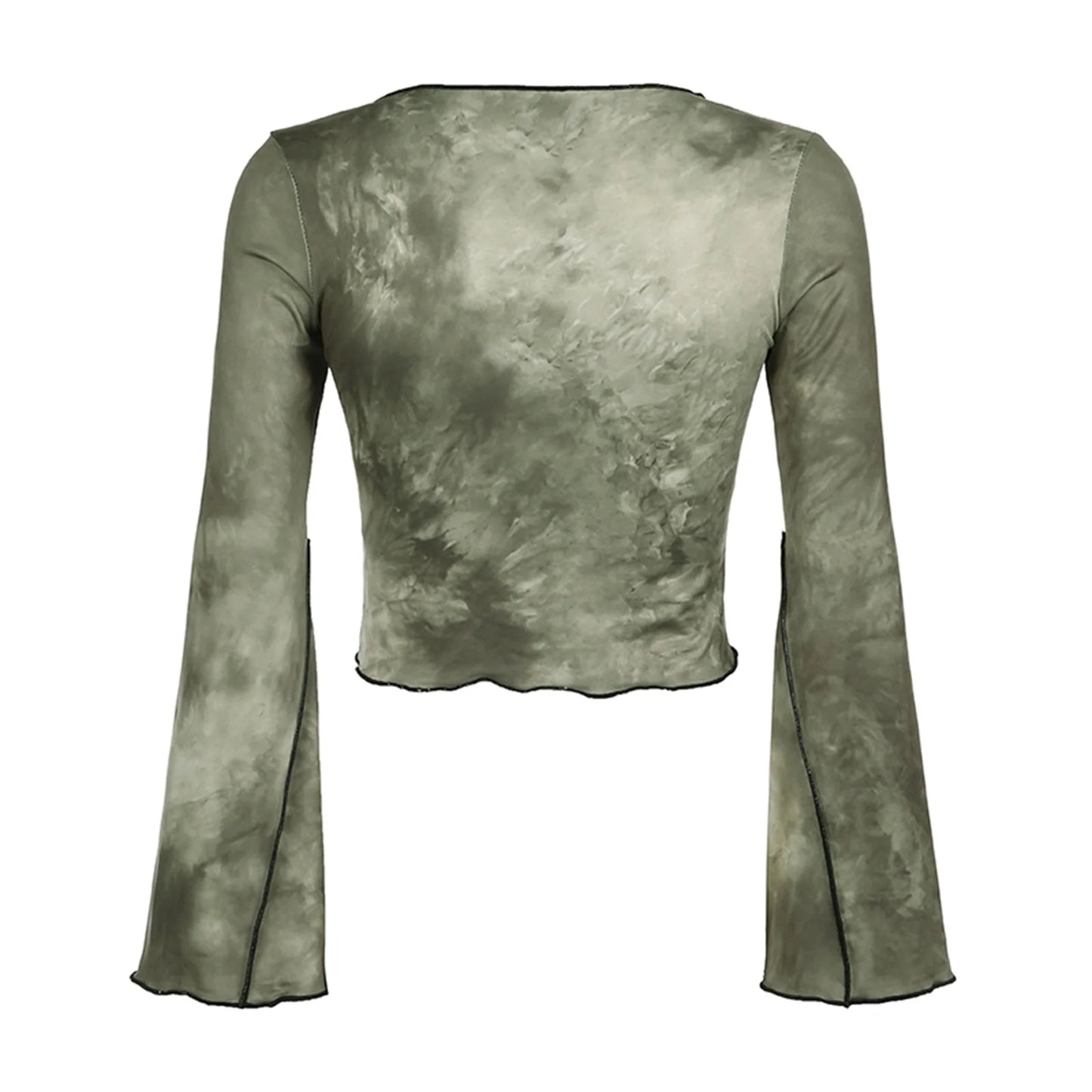 Women's Tie-dye Print Crop Tops Long Flare Sleeve Notched V Neck  T-Shirts Blouses